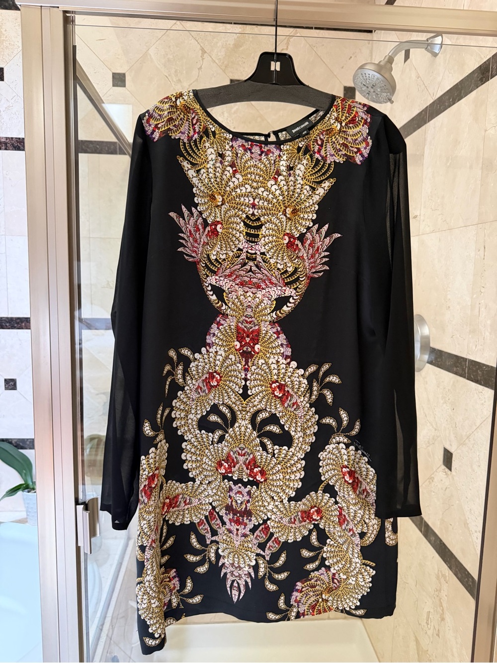 Just Cavalli Black Long-Sleeve Dress with Gold & Red Embellishment